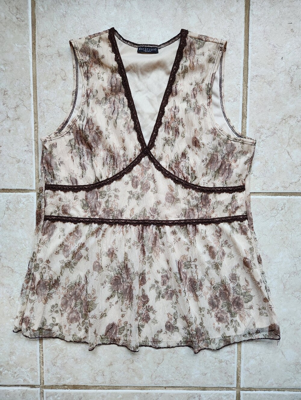 Bay Studio Vintage Y2K Floral Mesh Lace Babydoll Tank Top Beige Brown Medium